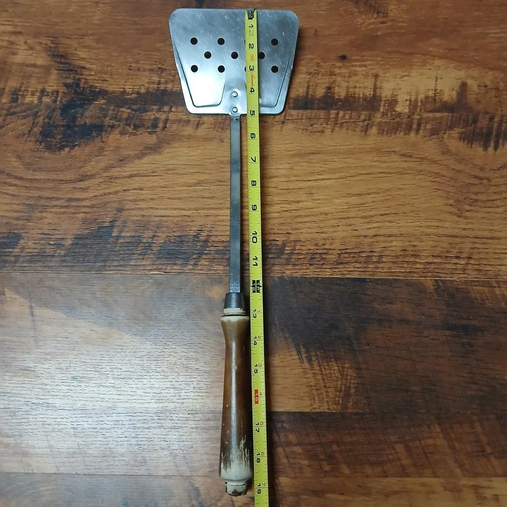 Vintage Ekco Wide Slotted Large Spatula Flipper Meat Chicken Lifter Chrome Wood